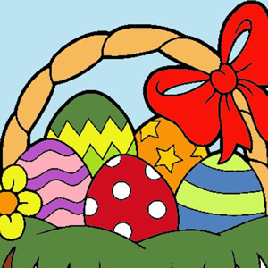 Página para colorir com uma cesta de páscoa cheia de ovos. colorir por  números. jogo de matemática para crianças.